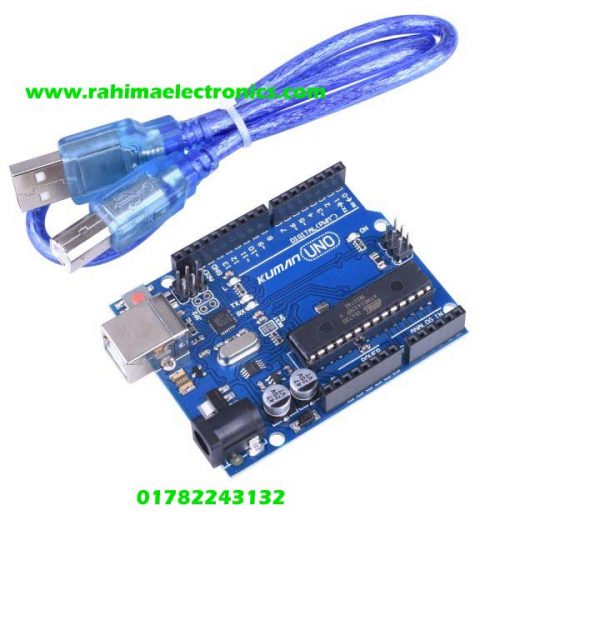 The Arduino Uno Rev3 is a micro controller board based on the ATmega328 (datasheet). It has 14 digital input and output pins (of which 6 can be used as PWM outputs), 6 analog inputs, a 16 MHz crystal oscillator, a USB connection, a power jack, an ICSP header, and a reset button. It contains everything needed to support the microcontroller, simply connect it to a computer with a USB cable or power it with a AC-to-DC adapter or battery to get started. The Uno differs from all preceding boards in that it does not use the FTDI USB-to-serial driver chip. Instead, it features the ATmega8U2 programmed as a USB-to-serial converter. "Uno" means one in Italian and is named to mark the upcoming release of Arduino 1.0. The Uno and version 1.0 will be the reference versions of Arduino, moving forward. The Uno is the latest in a series of USB Arduino boards, and the reference model for the Arduino platform. Microcontroller ATmega328 operating voltage 5V, input voltage (recommended), 7-12V input voltage (limits) 6-20V. Digital I/O pins 14 (of which 6 provide PWM output), analog input pins 6 DC current per I/O pin 40 mA, DC current for 3.3V pin 50 mA, flash memory 32 kb of which 0.5 kb used by boot loader SRAM 2 kb EEPROM 1 kb clock speed 16 MHz